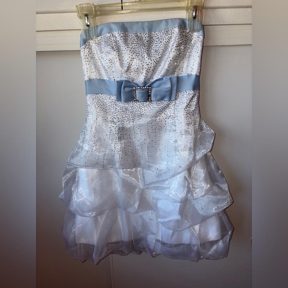 Strapless White and Blue Party Dress